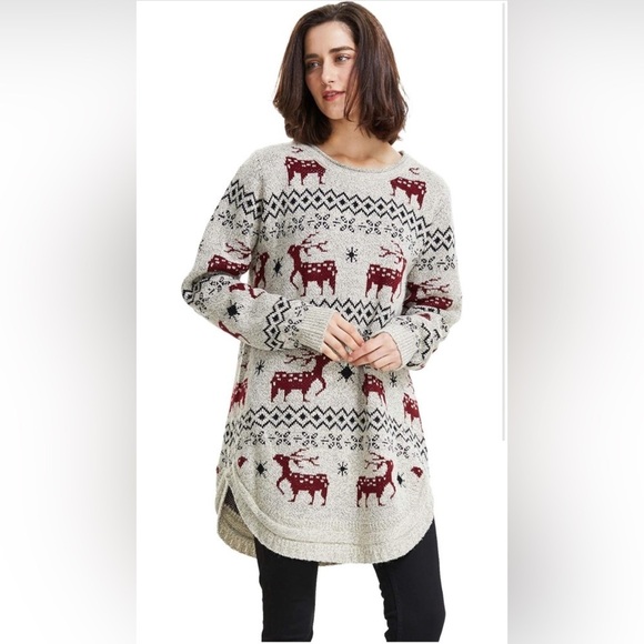Shineflow-Reindeer Snowflake Midi Christmas Pullover Sweater Tunic-Size:Medium - Picture 2 of 9